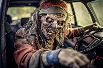 Zombie driving car to halloween party concept.