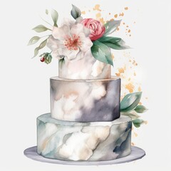 Watercolor marble wedding cake, single, white background. AI generated