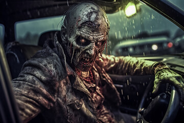 Zombie driving car to halloween party concept.