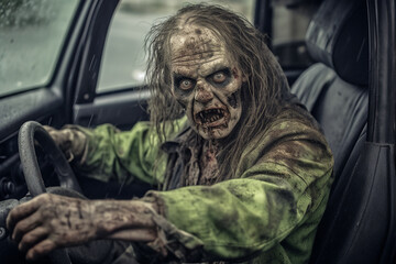 Fototapeta na wymiar Zombie driving car to halloween party concept.