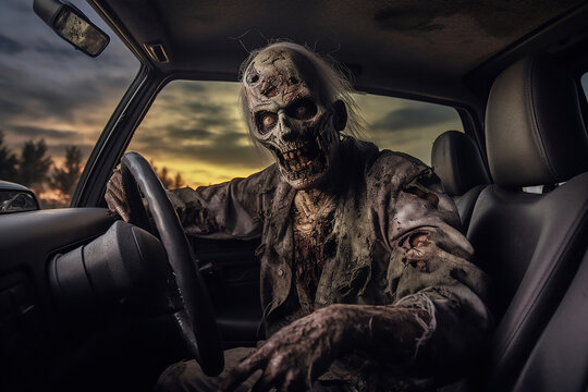 Zombie driving car to halloween party concept.
