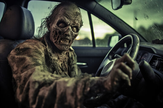 Zombie driving car to halloween party concept.