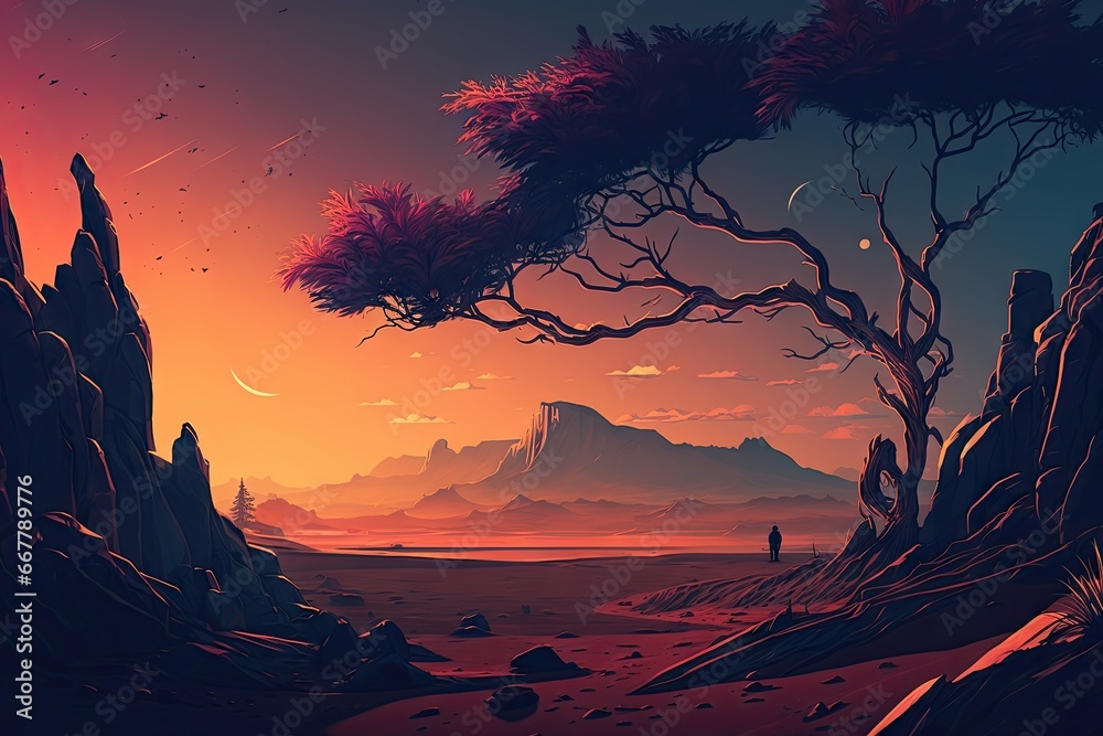 Canvas Prints Fantasy landscape with a tree in the desert