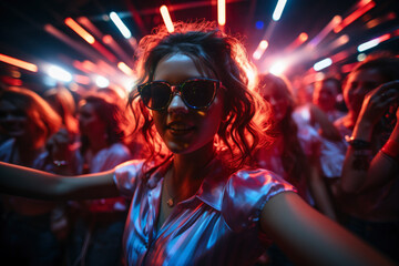 Fototapeta na wymiar Beautiful happy cute young woman dancing at a nightclub party, disco girl having fun with friends