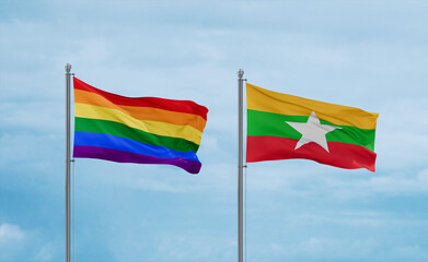 Myanmar and LGBT movement flags, country relationship concept