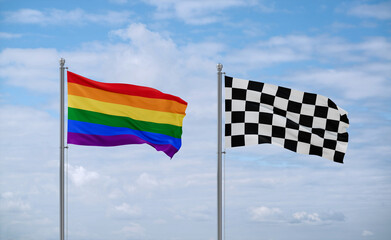 Checkered racing and LGBT movement flags, country relationship concept