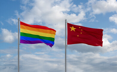 China and LGBT movement flags, country relationship concept