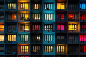 Colored residential building facade with balconies. Bright front view apartments with windows. Real estate in city