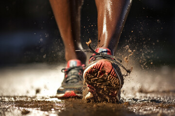 close up of athletes footwear running through mud  