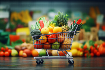shopping cart full of fruit and vegetables  - obrazy, fototapety, plakaty
