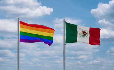 Mexico and LGBT movement flags, country relationship concept