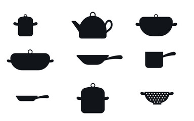 Kitchen utensils, black silhouettes of dishes, household appliances. Utensils for cooking. Vector icons.