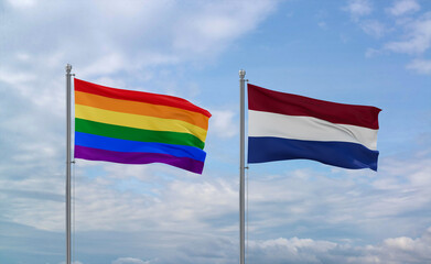Netherlands and LGBT movement flags, country relationship concept