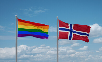 Norway and LGBT movement flags, country relationship concept