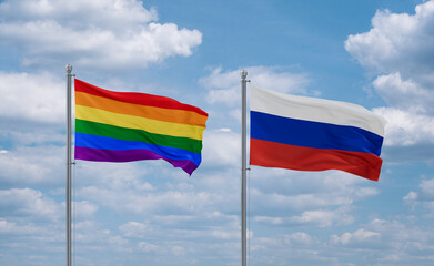 Russia and LGBT movement flags, country relationship concept