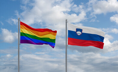 Slovenia and LGBT movement flags, country relationship concept