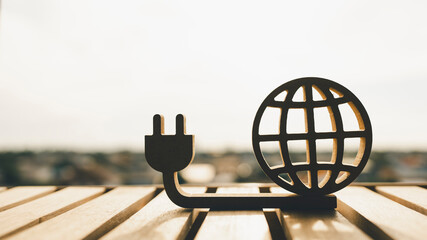 Wooden Globe icon and Power cord and plug. Concepts about energy, nature and conservation and...