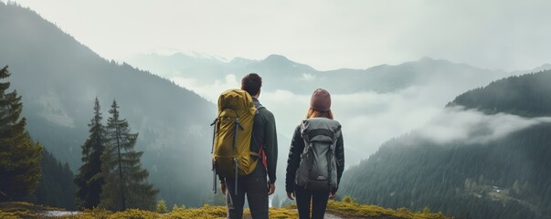 Couple of hikers enjoy nature view. Contemplation of nature alone with your thoughts. Hiking together and digital detox concept. - obrazy, fototapety, plakaty