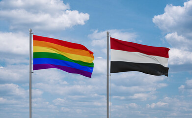 Yemen and LGBT movement flags, country relationship concept