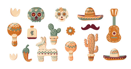 Cinco de Mayo set with traditional Mexican symbols of holiday skull, pinata, sombrero and tequila. Hand drawn elements collectionisolated on white background. Vector illustration