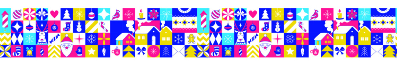 Graphic Christmas seamless pattern. Holidays 2024 postcard. Square Line icons