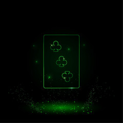 A large green outline Three of Clubs playing card on the center. Green Neon style. Neon color with shiny stars. Vector illustration on black background