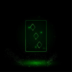 A large green outline Three of diamonds playing card on the center. Green Neon style. Neon color with shiny stars. Vector illustration on black background