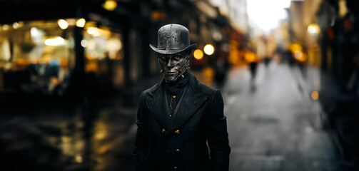 Steampunk Elegance with a Model in Black Suit, Hat, and Gears and Cogs Carnival Mask, A Figure of Solitude Amidst the Bustling City, Night-time Travel Through the City,