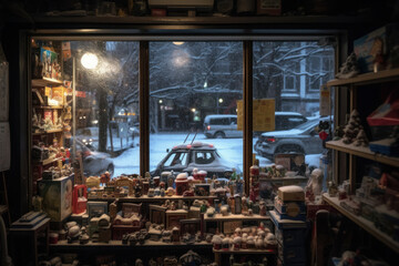 Window display of a store decorated for Christmas. Generative AI