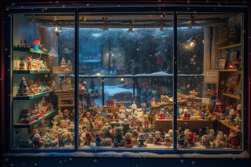 Window display of a store decorated for Christmas. Generative AI