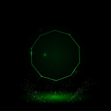 A large green outline decagon symbol on the center. Green Neon style. Neon color with shiny stars. Vector illustration on black background