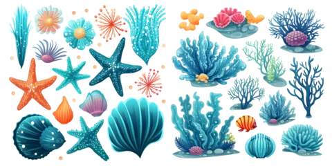Poster Corals and seaweed. Sketch Botanical Illustration. Ocean underwater flora, sea plants. Line art clipart. Vintage pink and blue marine plants. Generative AI © SRITE KHATUN