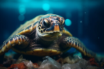 Fototapeta premium World turtle day and Ocean environmental day. Turtle with plastic in the water .Save sea plastic pollution.Climate change, Environmental CSR. copy space 