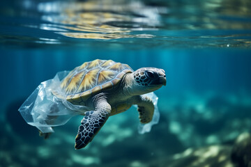 World turtle day and Ocean environmental day. Turtle with plastic in the water .Save sea plastic pollution.Climate change, Environmental CSR. copy space	 - obrazy, fototapety, plakaty