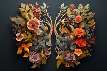creative lungs shape with flowers and leaves . world tuberculosis day, world no tobacco day, lung cancer, Pulmonary hypertension, Pneumonia, copd, eco air pollution, organ donation, respiratory - obrazy, fototapety, plakaty