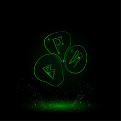 A large green outline divination stones symbol on the center. Green Neon style. Neon color with shiny stars. Vector illustration on black background