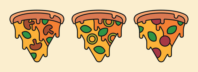 Set of Pizza Minimal Icons with Different Flavors Vector Illustration of Pizza Slices Topped with Pepperoni Olive Salami Mozzarella Cheese Mushrooms and Basil