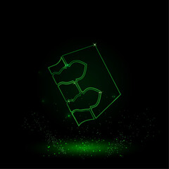 A large green outline magic book symbol on the center. Green Neon style. Neon color with shiny stars. Vector illustration on black background