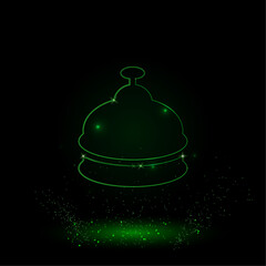 A large green outline reception bell symbol on the center. Green Neon style. Neon color with shiny stars. Vector illustration on black background