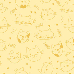 Cute kawaii cats or kittens. Funny cartoon fat cats for print or sticker design. Adorable kawaii animals on yellow background - 667792769