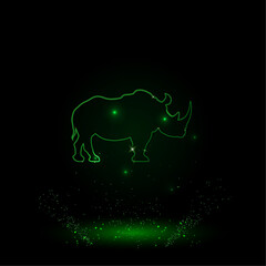 A large green outline rhino symbol on the center. Green Neon style. Neon color with shiny stars. Vector illustration on black background