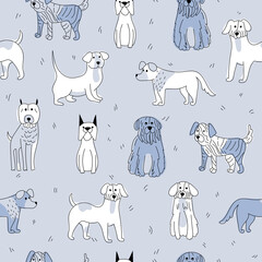 Cute dogs doodle seamless background. Set of funny pet animals.