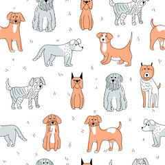Seamless pattern with dogs like chihuahua, corgi, pug, spaniel, husky and dachshund. Doodle dog print. Fabric design with cartoon pets, nowaday line animals background
