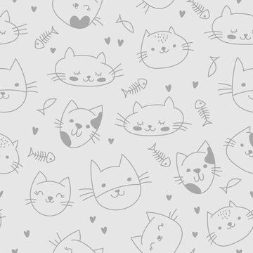 Cat seamless pattern. Cute and funny cats lined illustration. Cartoon cat or kitten characters design collection.