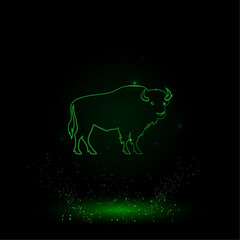 A large green outline buffalo symbol on the center. Green Neon style. Neon color with shiny stars. Vector illustration on black background