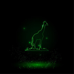 A large green outline giraffe symbol on the center. Green Neon style. Neon color with shiny stars. Vector illustration on black background