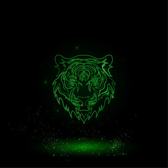 A large green outline tiger head symbol on the center. Green Neon style. Neon color with shiny stars. Vector illustration on black background