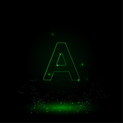 A large green outline capital letter A symbol on the center. Green Neon style. Neon color with shiny stars. Vector illustration on black background