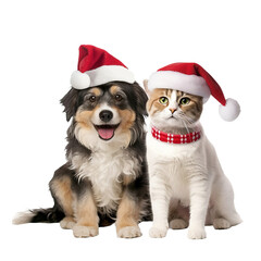 happy dog and cat isolated on transparent background wearing a christmas hat