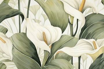 Vintage botanical wallpaper featuring beautiful calla flowers with a fantasy touch. Generative AI